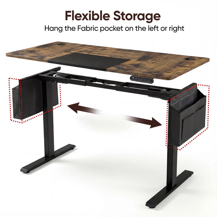 [110cm x 60cm] Rustic standing desk with fabric storage pocket mountable on left or right, arrows show swap direction