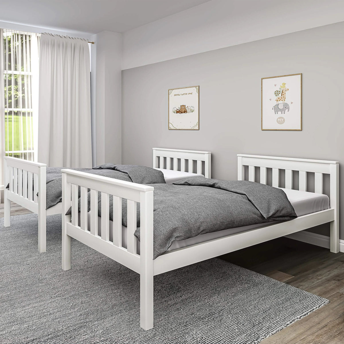 [White] split configuration of white double bunk bed forming two single beds against grey wall with white curtains