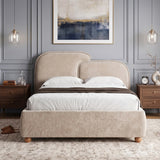 [Double | Beige] upholstered bed with white bedding in a room with grey walls and nightstands on both the sides.