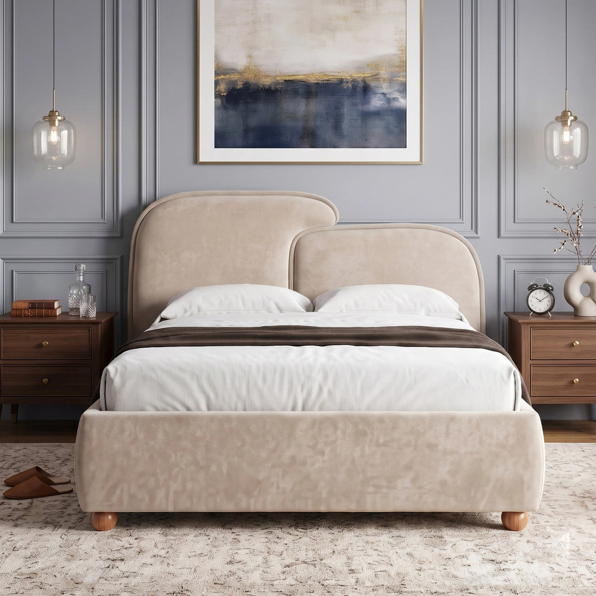 [Double | Beige] upholstered bed with white bedding in a room with grey walls and nightstands on both the sides.