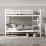 [White] Front view of detachable kids bunk bed with grey bedding, showcasing sturdy wooden frame and vertical ladder access.