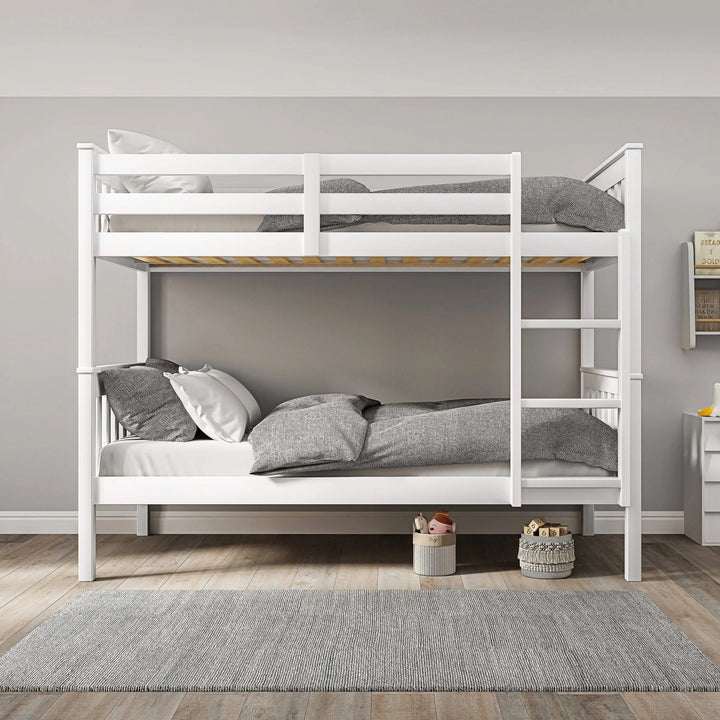 [White] Front view of detachable kids bunk bed with grey bedding, showcasing sturdy wooden frame and vertical ladder access.