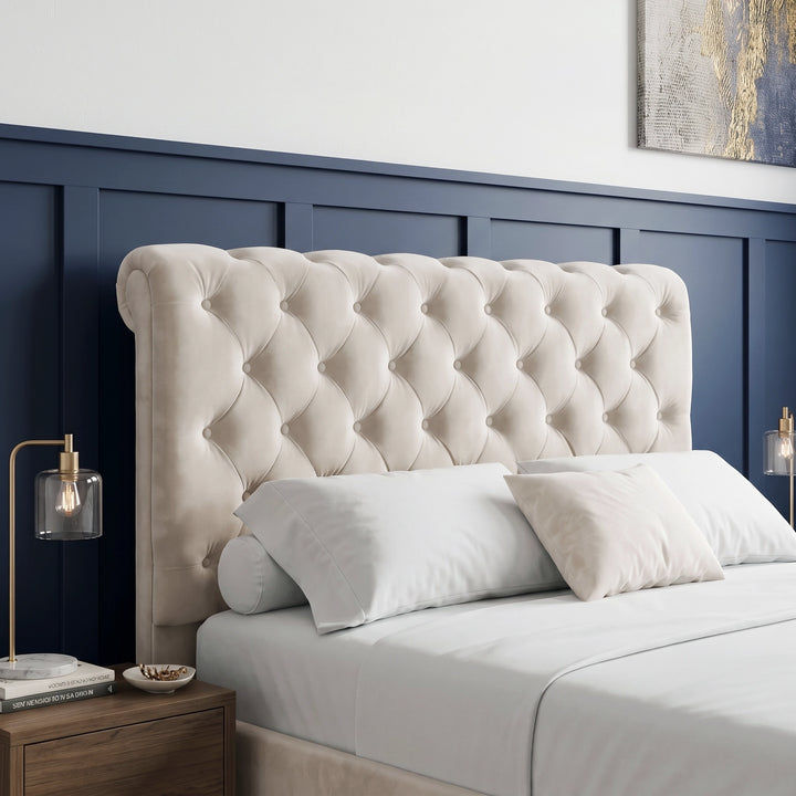 [Double | Beige] Straight front bedroom view with tufted headboard, matching footboard, wood side tables, lamps, and wall art