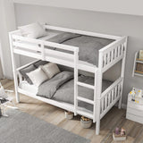 [White] high-angle view of double bunk bed for kids with grey bedding, highlighting safety guardrails and compact layout