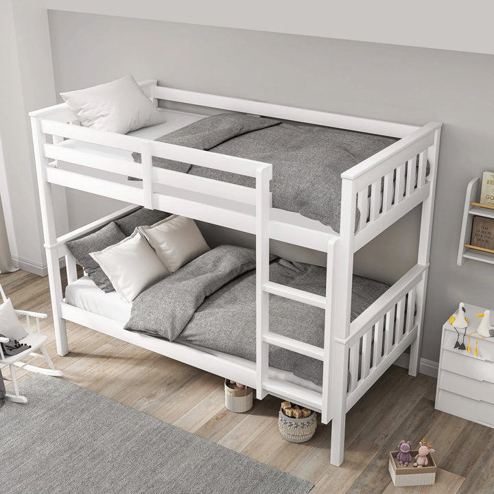 [White] high-angle view of double bunk bed for kids with grey bedding, highlighting safety guardrails and compact layout
