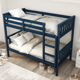 [Blue] High angle of double bunk bed frame showing upper and lower bunks and safety guardrails