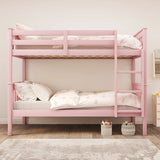 [Pink] Front view of double bunk bed for kids with cream bedding, showcasing sturdy frame and safety guardrails.