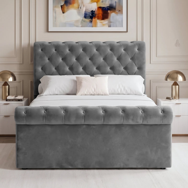 [Double | Dark Grey] Straight front bedroom view with tufted headboard, matching footboard, two bedside tables, and wall art