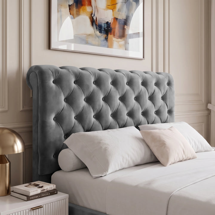 [Double | Dark Grey] Close-up of tufted headboard with button detail, white pillows, side table, lamp, and wall art