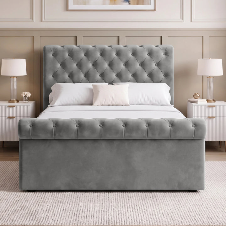 [Double | Grey] Straight front bedroom view with tufted headboard, matching footboard, two bedside tables, and wall art