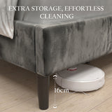 [Double | Grey] Velvet Bed Frame showing 16cm leg clearance with robot vacuum cleaning underneath