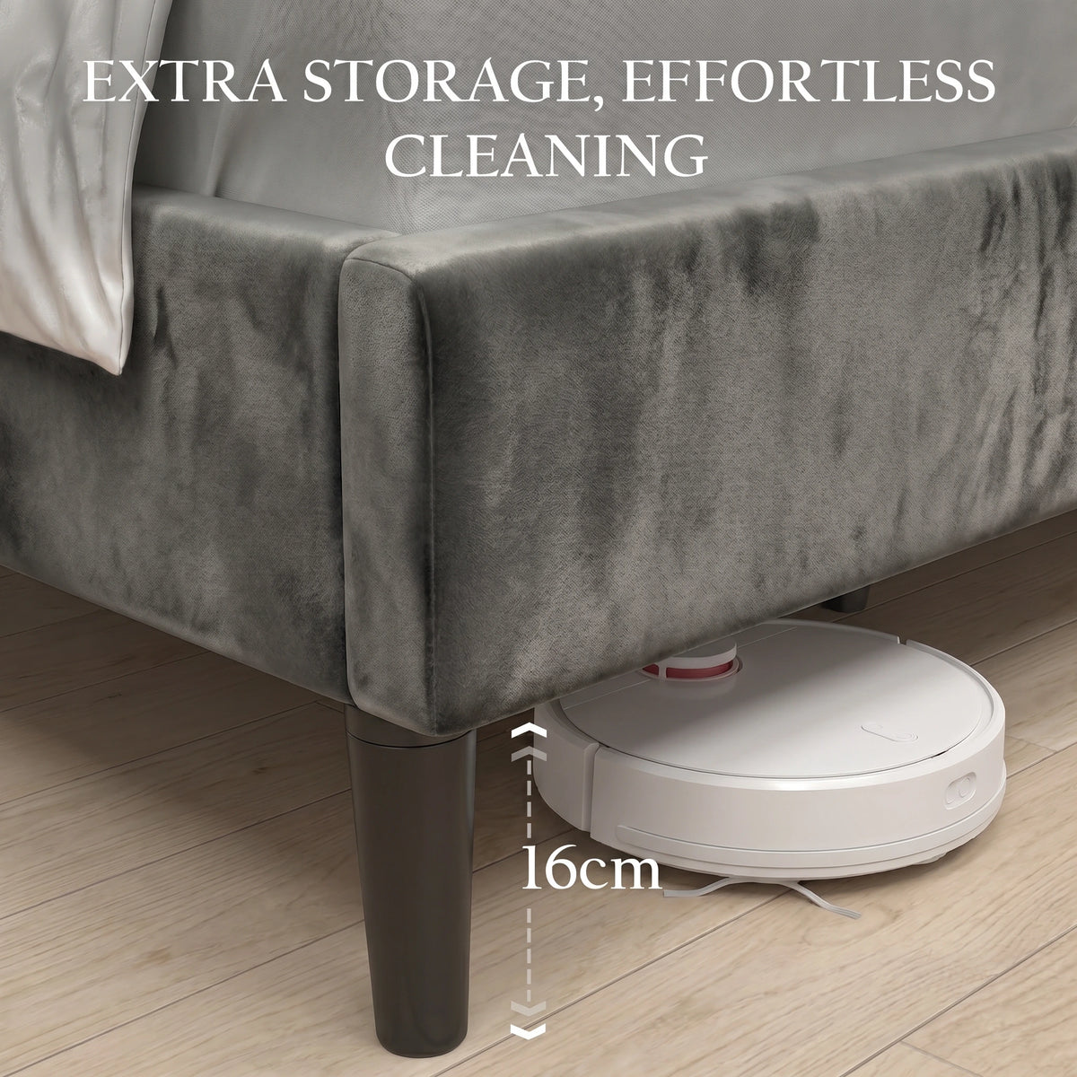 [Double | Grey] Velvet Bed Frame showing 16cm leg clearance with robot vacuum cleaning underneath