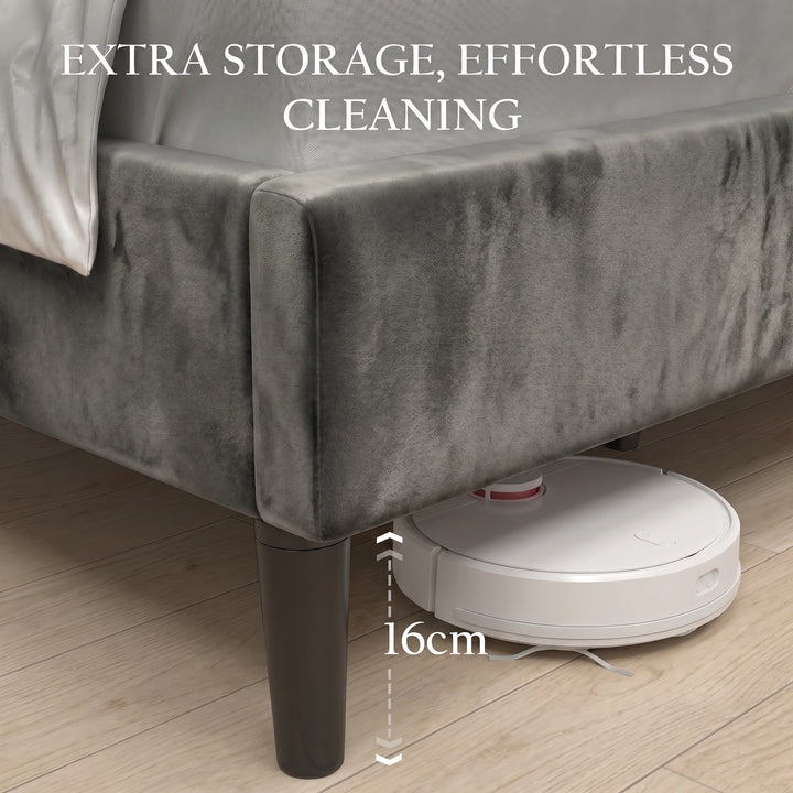 [Double | Grey] Velvet Bed Frame showing 16cm leg clearance with robot vacuum cleaning underneath
