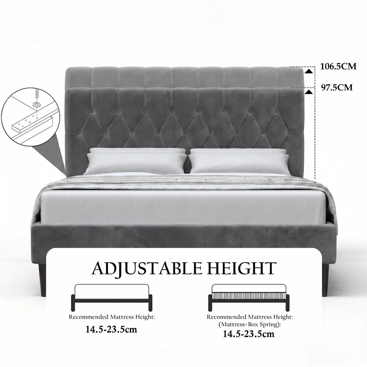 [Double | Grey] Velvet Bed Frame adjustable headboard height diagram showing 97.5cm and 106.5cm settings