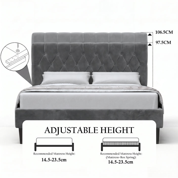 [Double | Grey] Velvet Bed Frame adjustable headboard height diagram showing 97.5cm and 106.5cm settings
