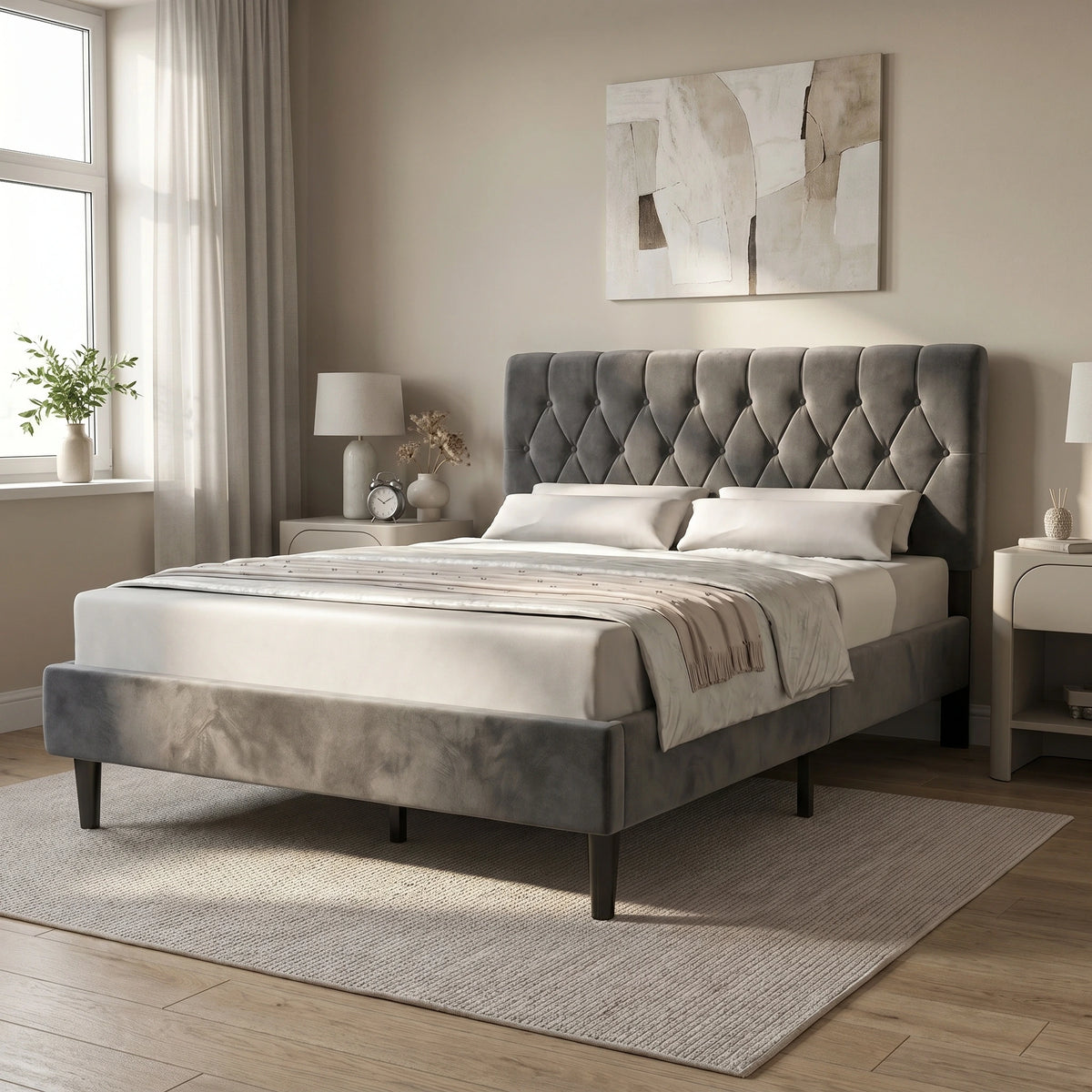 [Double | Grey] Velvet Bed Frame in a styled bedroom with nightstands, rug, and neutral décor