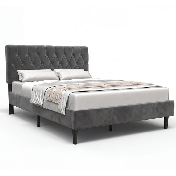 [Double | Grey] Velvet Bed Frame angled view on white background showing full frame and tufted headboard