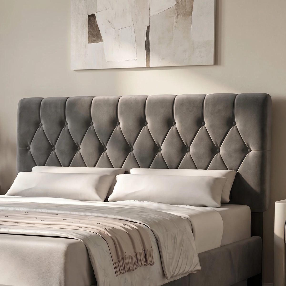 [Double | Grey] Velvet Bed Frame close-up of diamond button-tufted headboard with bolster pillows