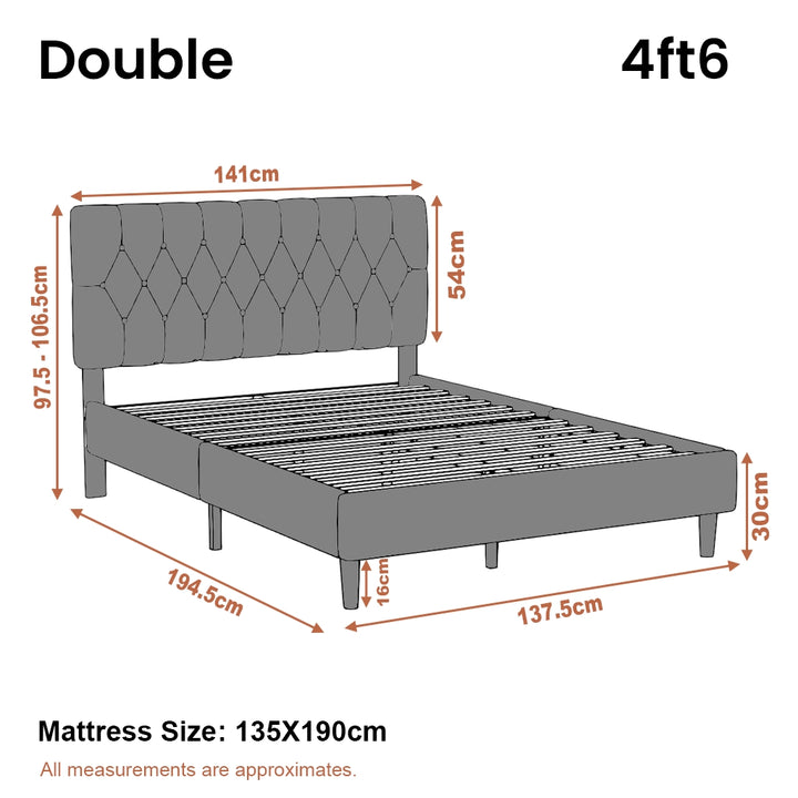 [Double | Grey] Velvet Bed Frame double size dimension diagram showing 141cm width and 194.5cm length
