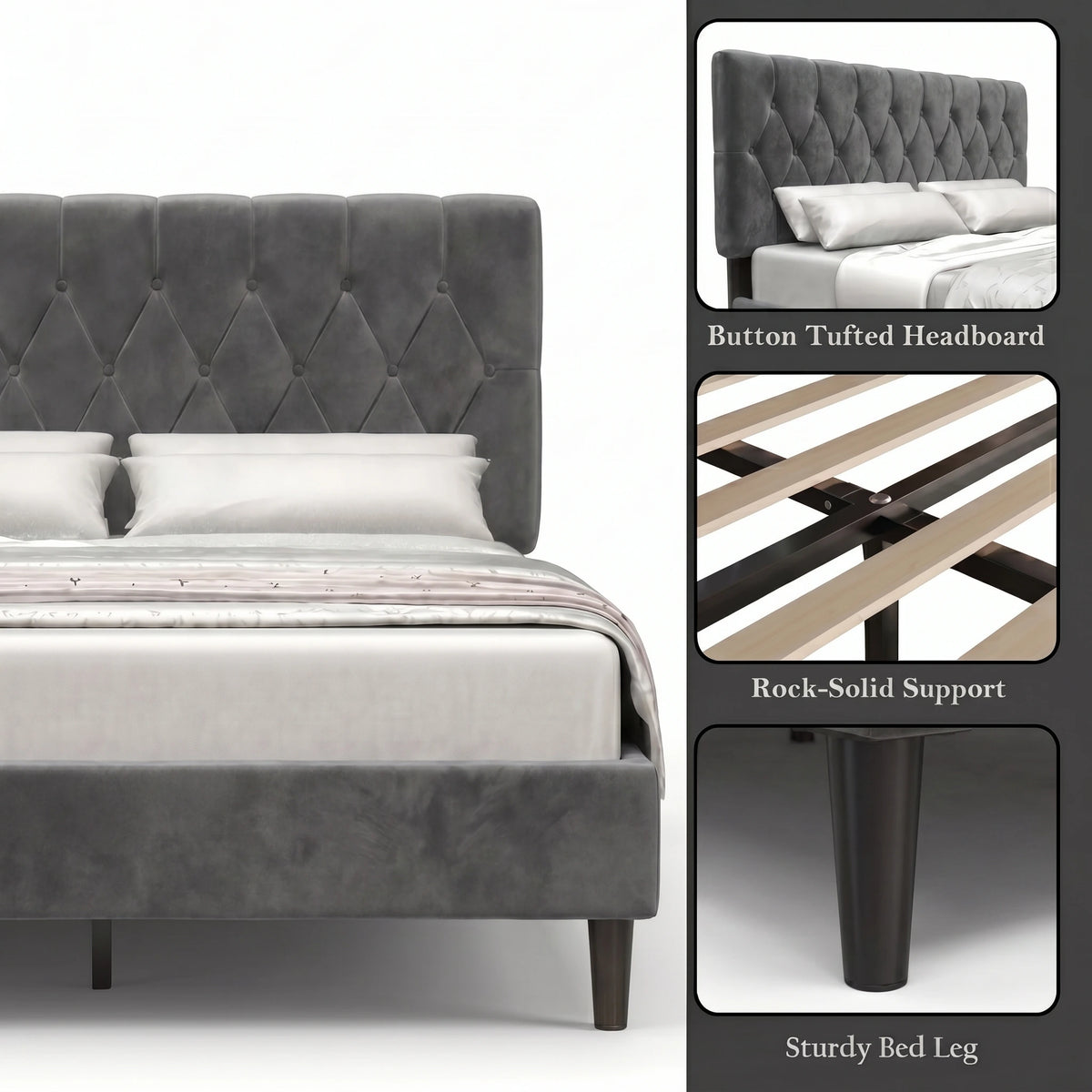 [Double | Grey] Velvet Bed Frame feature highlights showing tufted headboard, wood slats, and tapered leg