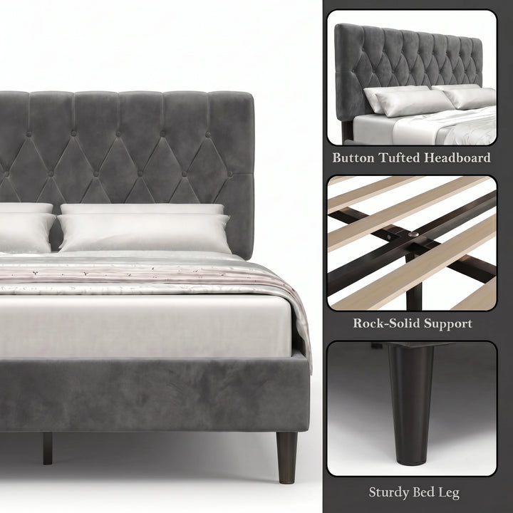 [Double | Grey] Velvet Bed Frame feature highlights showing tufted headboard, wood slats, and tapered leg