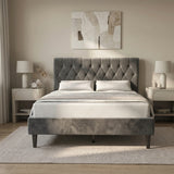 [Double | Grey] Velvet Bed Frame front view in a styled bedroom with matching bedside tables