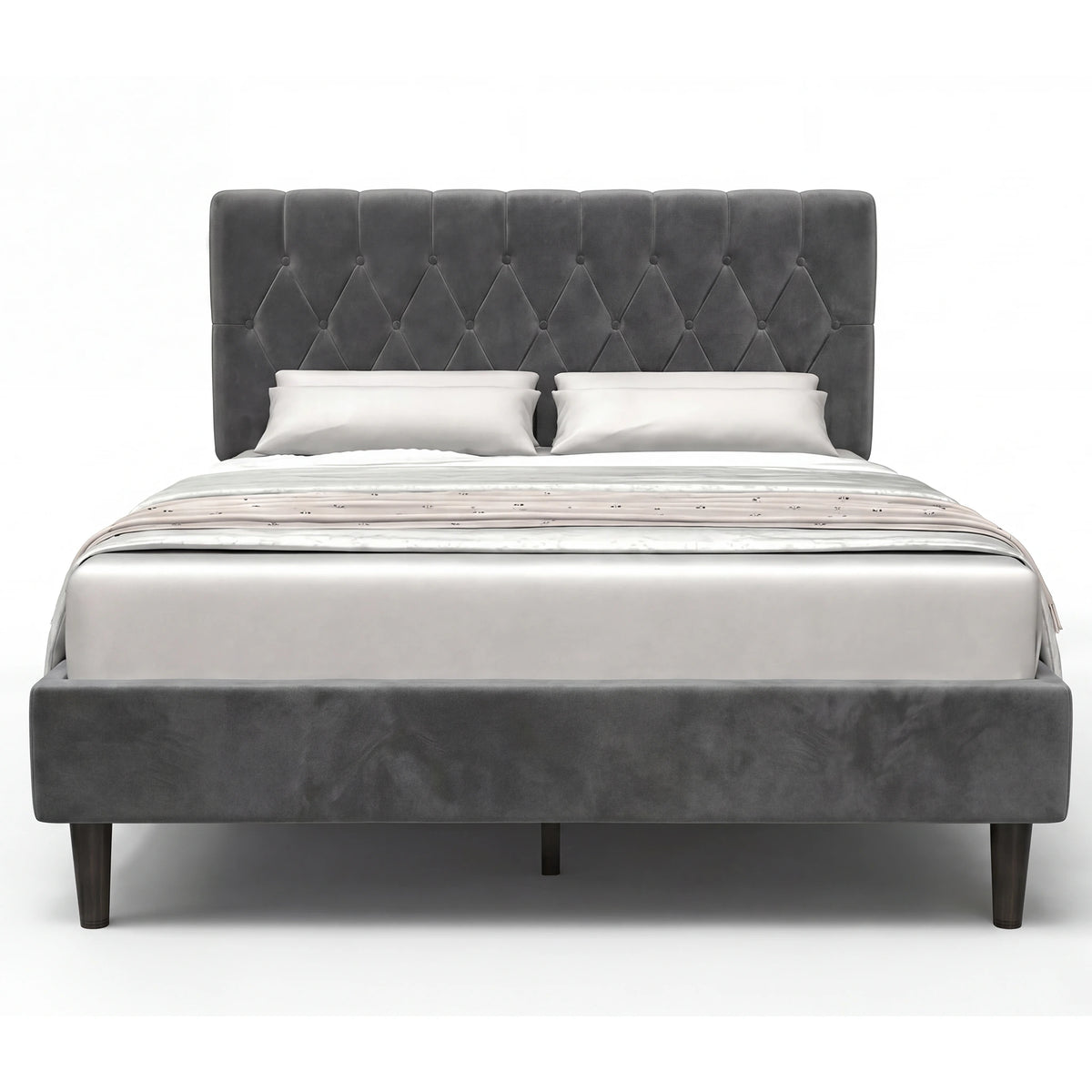 [Double | Grey] Velvet Bed Frame front-on view on white background with diamond-tufted headboard