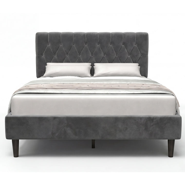 [Double | Grey] Velvet Bed Frame front-on view on white background with diamond-tufted headboard