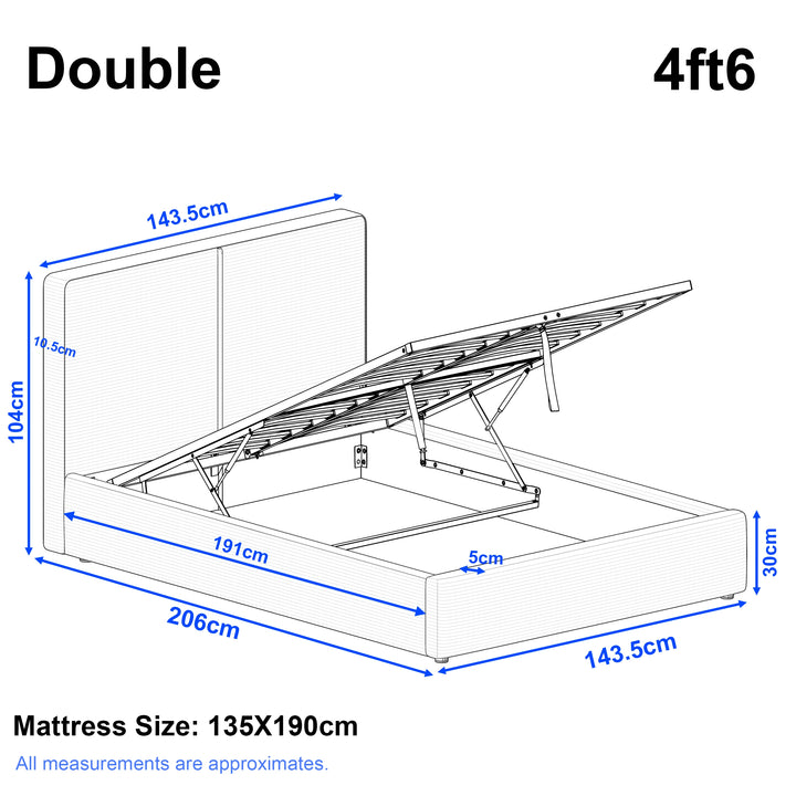 [Double | Grey]   ottoman bed frame size showing: Length 206 cm, width 143.5 cm, headboard height 104 cm