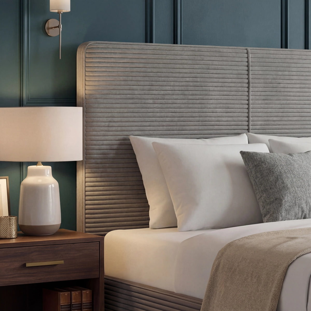 [Double | Light Grey]  ottoman bed frame grey with headboard in grey ribbed upholstery placed in a modern bedroom