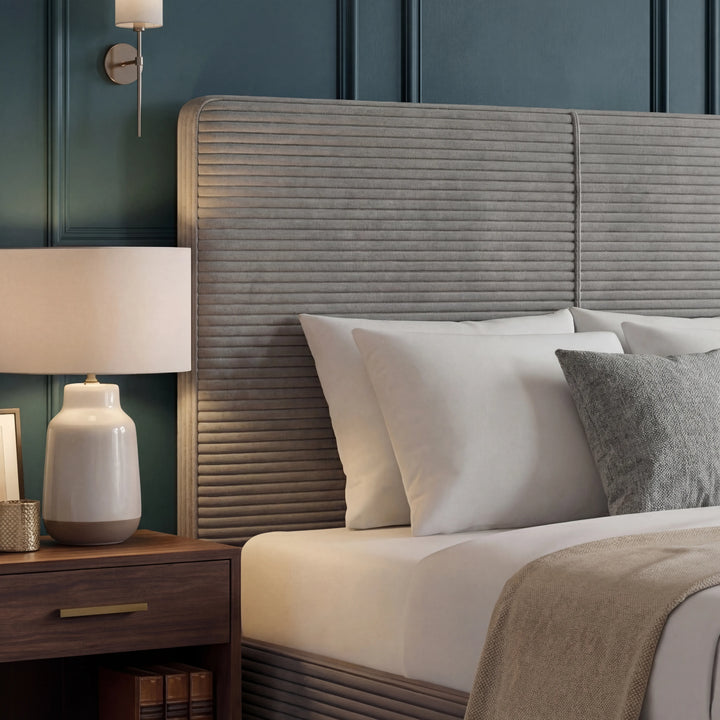 [Double | Light Grey]  ottoman bed frame grey with headboard in grey ribbed upholstery placed in a modern bedroom
