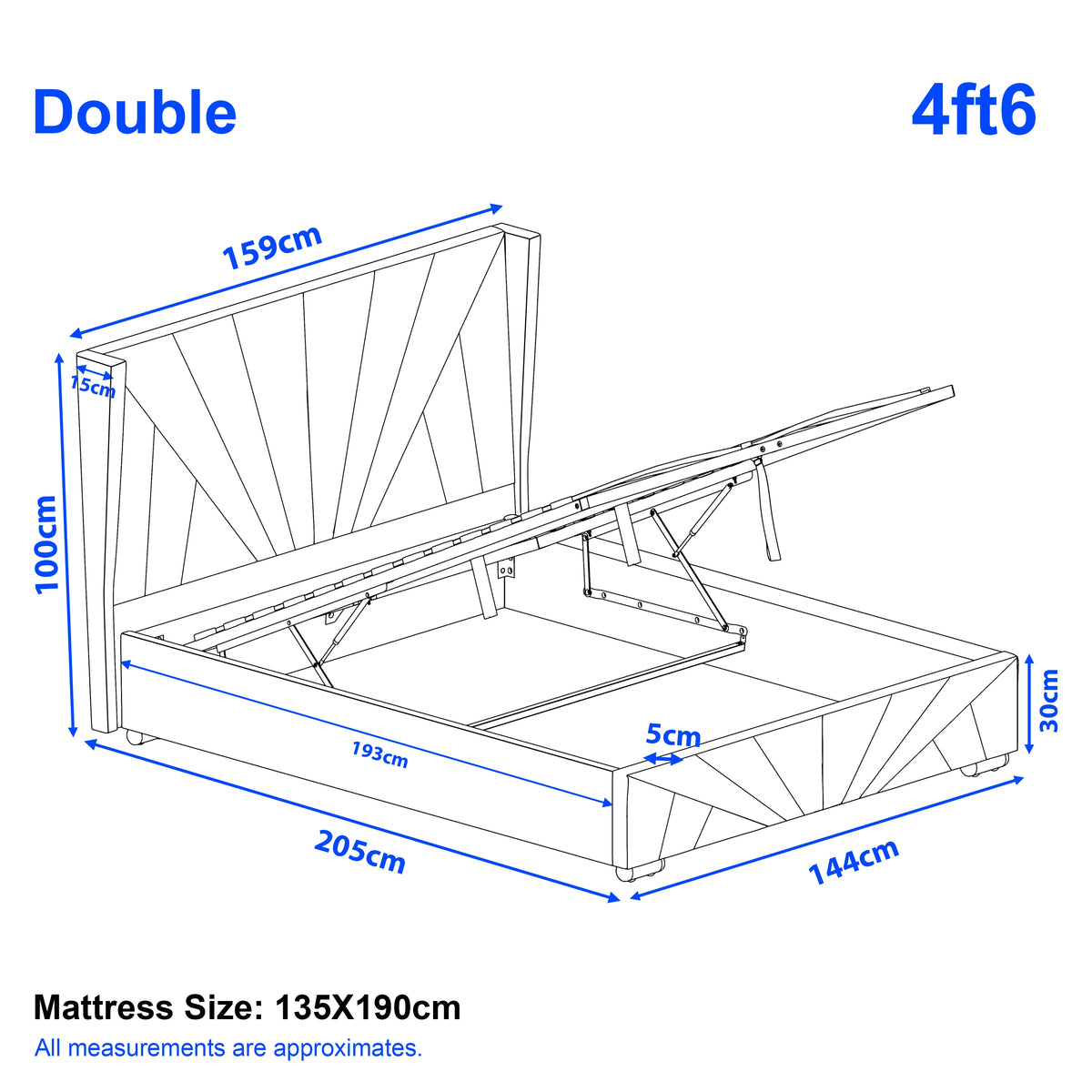 [Double | Silver] Diagram of a double bed with dimensions labeled