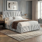 [Double | Silver] Angled room view of Sunrise bed with pleated footboard, brown throw, and window curtains