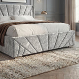 [Double | Silver] Footboard detail showing pleated velvet panels, white bedding, brown throw, and metal feet
