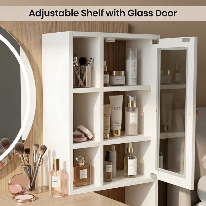 [White] Linra White Painted Dressing Table with LED Mirror and Storage displaying adjustable shelves inside the glass door.