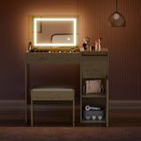[Oak] front view oak vanity with lit mirror, perfumes and brushes on top, handbag on side shelf