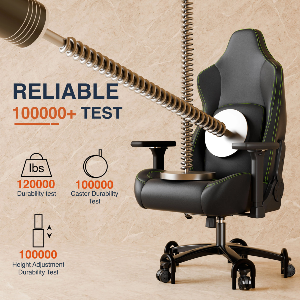 [Black] Infographic showing mechanical stress testing on the gaming chair to demonstrate .