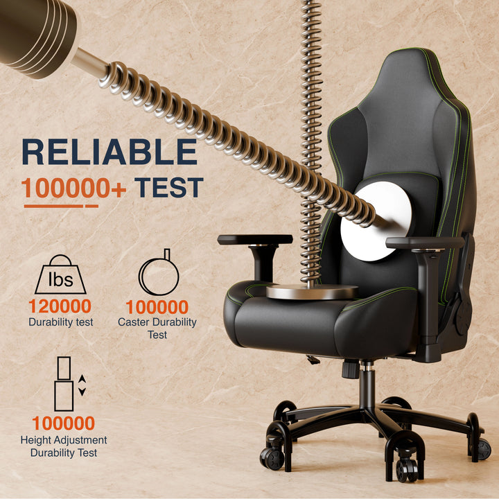 [Black] Infographic showing mechanical stress testing on the gaming chair to demonstrate .
