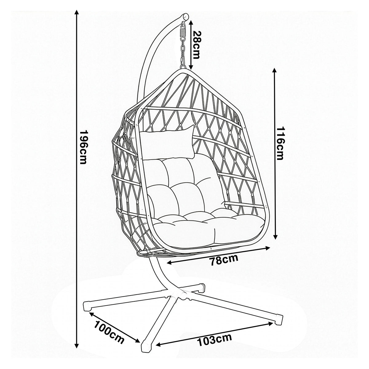 [Grey] Dimensions diagram of grey egg chair: 196cm total height, 116cm chair, 78cm chair width, 28cm chain