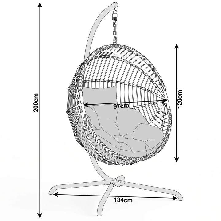 [Dark Grey] Measurement chart of a hanging chair with dimensions labelled