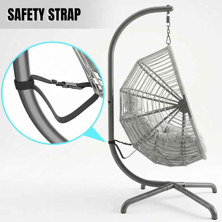 [Grey] Hanging chair with safety strap feature on a white background