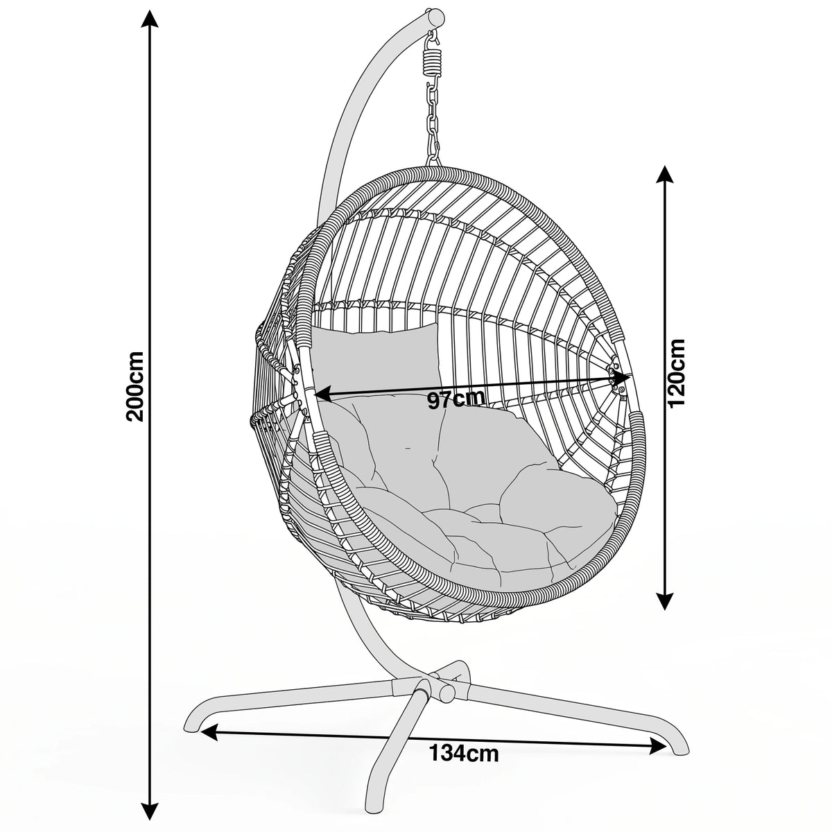 [Grey] Measurement chart of a hanging chair with dimensions labeled.