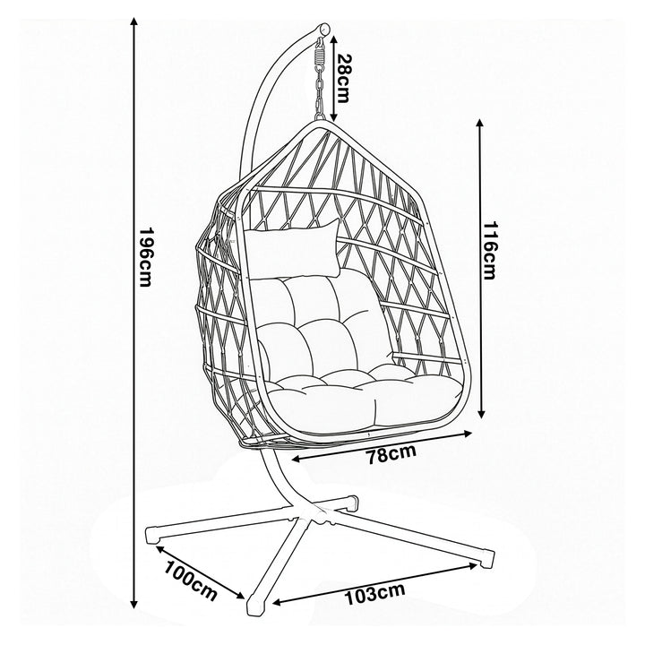 [Natural] Dimensions diagram of natural egg chair: 196cm total height, 116cm chair, 78cm width, 28cm chain