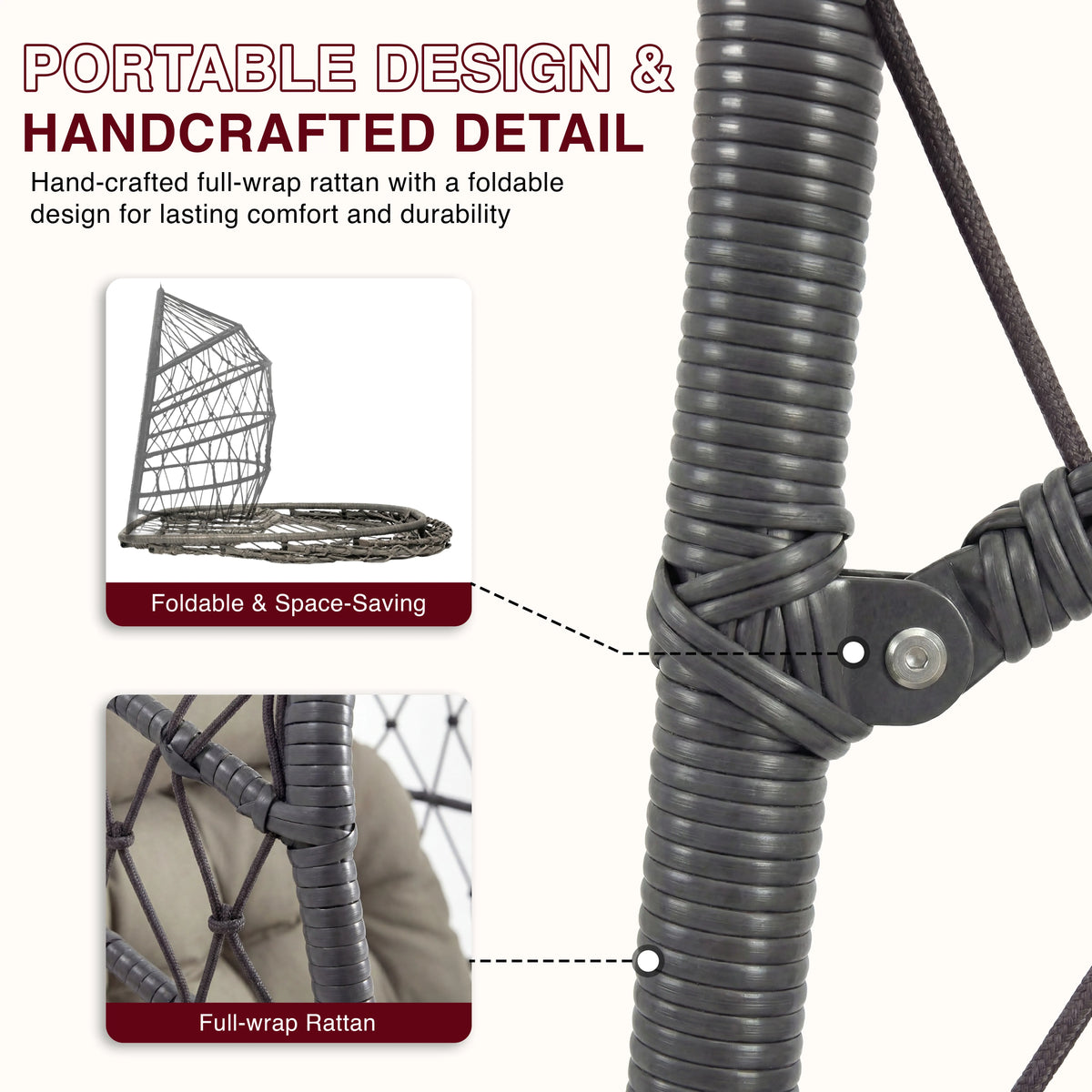 [Grey] Foldable Hanging Egg Chair With handcrafted full-wrap rattan and a space-saving foldable design for outdoor comfort.
