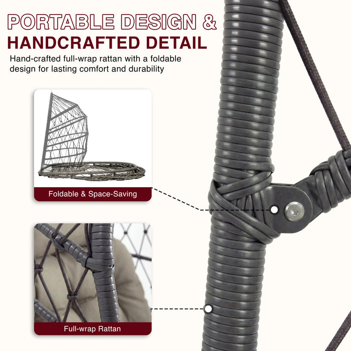 [Grey] Foldable Hanging Egg Chair With handcrafted full-wrap rattan and a space-saving foldable design for outdoor comfort.