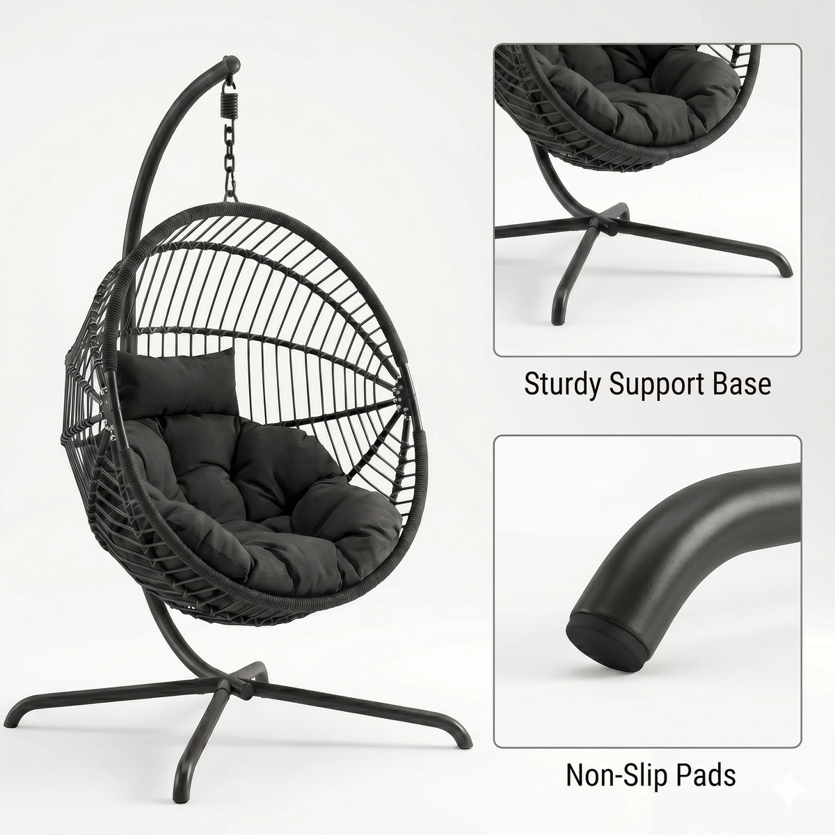 [Black] hanging chair with cushioned seat on a white background, featuring sturdiness and non-slip pad details
