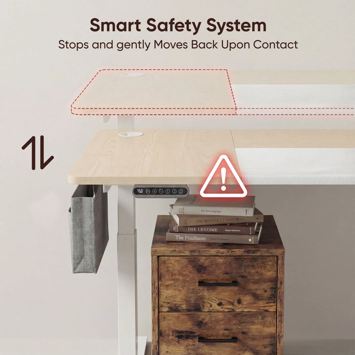 [160cm x 70cm] smart safety system on 160cm pine standing desk, anti-collision arrows above books on rustic 3-drawer cabinet