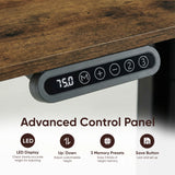 [120cm x 60cm] 120cm rustic standing desk controller close-up: 75.0 reading, M key, +/- buttons, three presets
