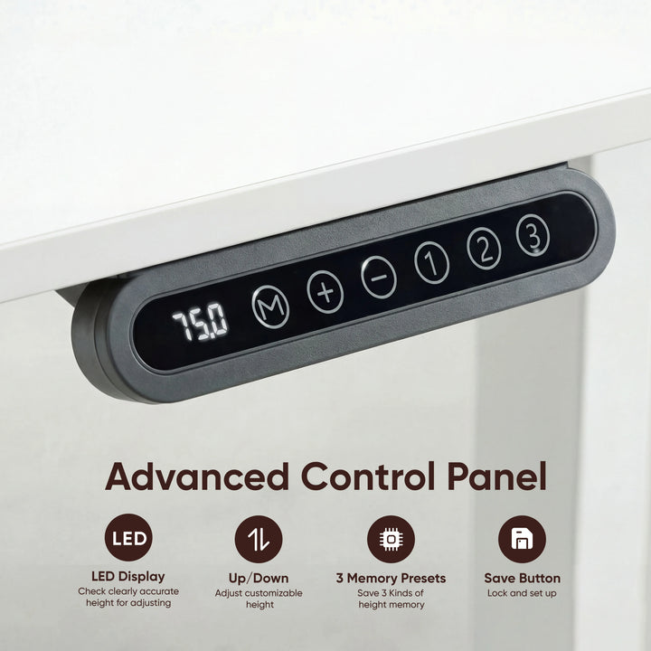[160cm x 70cm] Touch panel on 160x70cm white electric standing desk: LED display, memory keys 1, 2, 3 and lock key