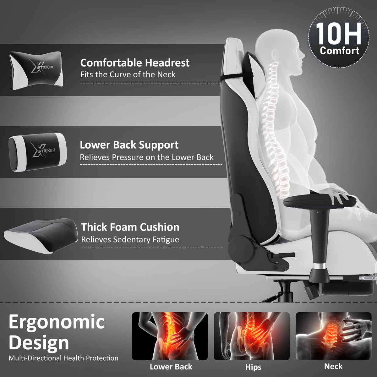 [Black] Ergonomic chair with features highlighted on a gray background